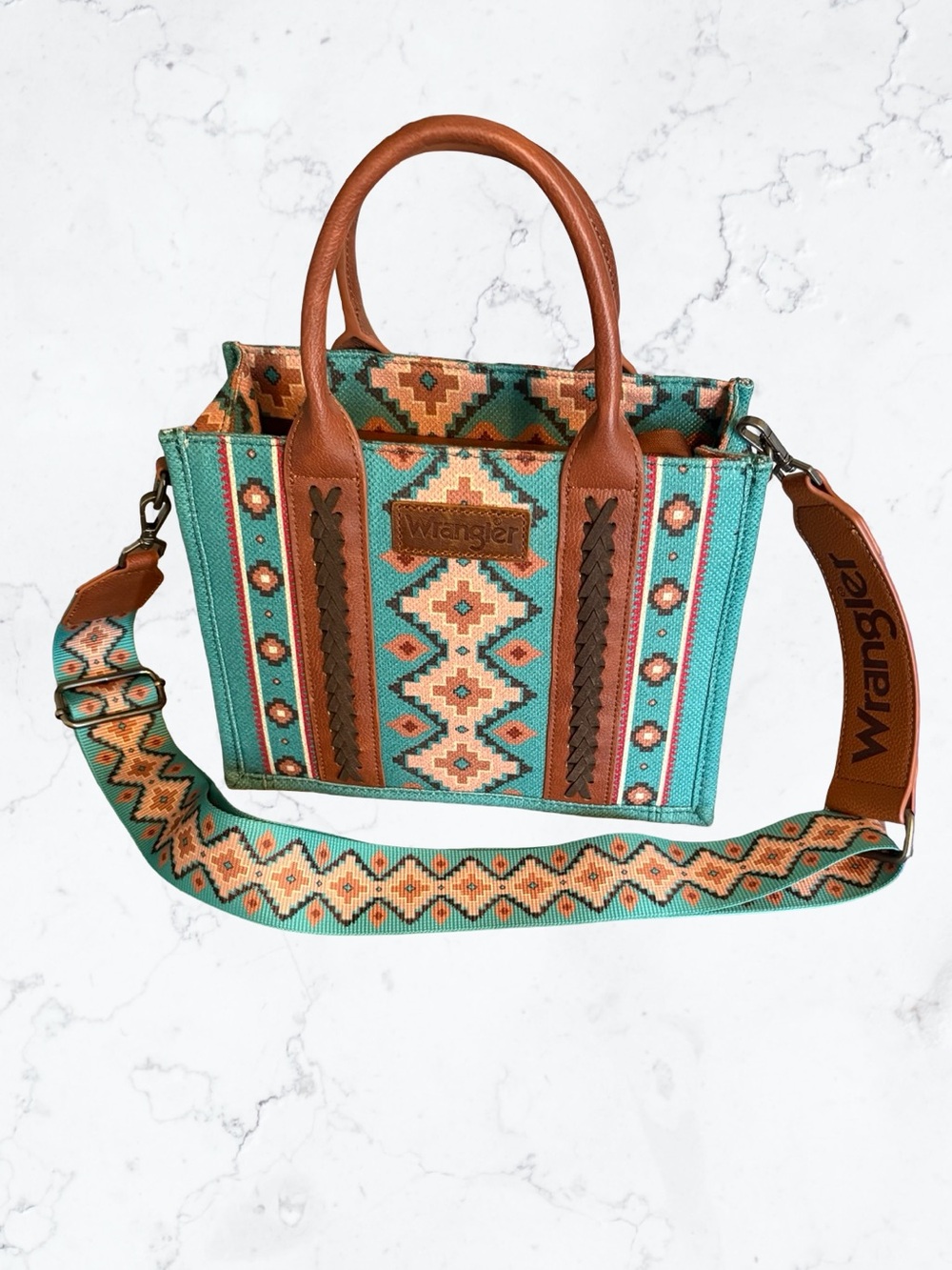 Wrangler Turquoise Aztec Tote with Brown Leather Accents